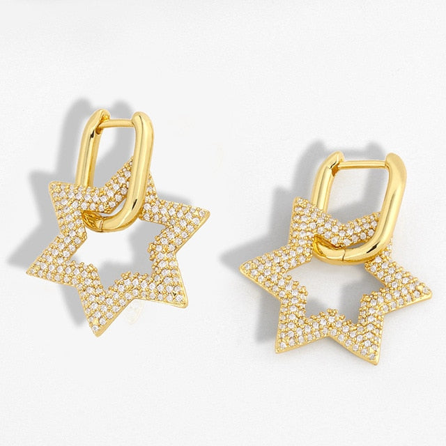1 Pair Fashion Geometric Star Hoop Earrings Top Quaity Pacve Shiny Cz Crystal Star Earrings For Women Jewellery 2020